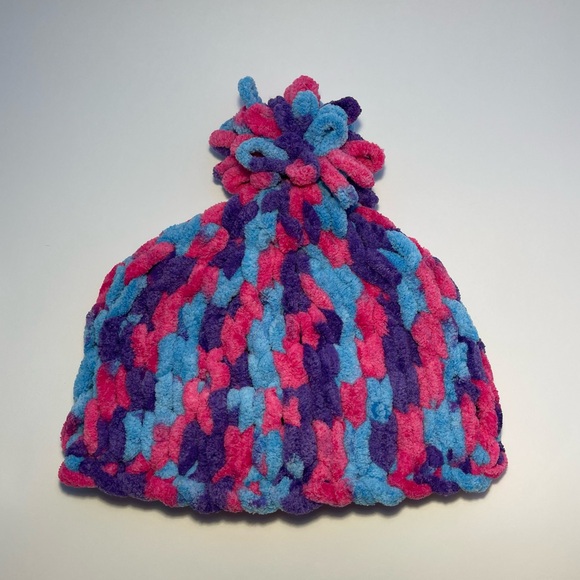 Handmade Kid’s Super Soft & Cozy Winter Hat With Loopy Pom-Pom- Pink/Purple/Blue - Picture 3 of 9